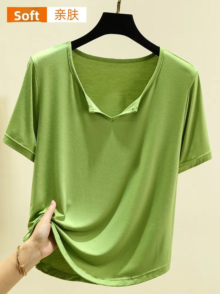 مشروط V-Ne ort Sve تي شيرت المرأة الصيف رقيقة لون نقي فضفاض صالح عادية كبيرة الحجم التخسيس الأعلى يوليو الغزلان العلامة التجارية #2