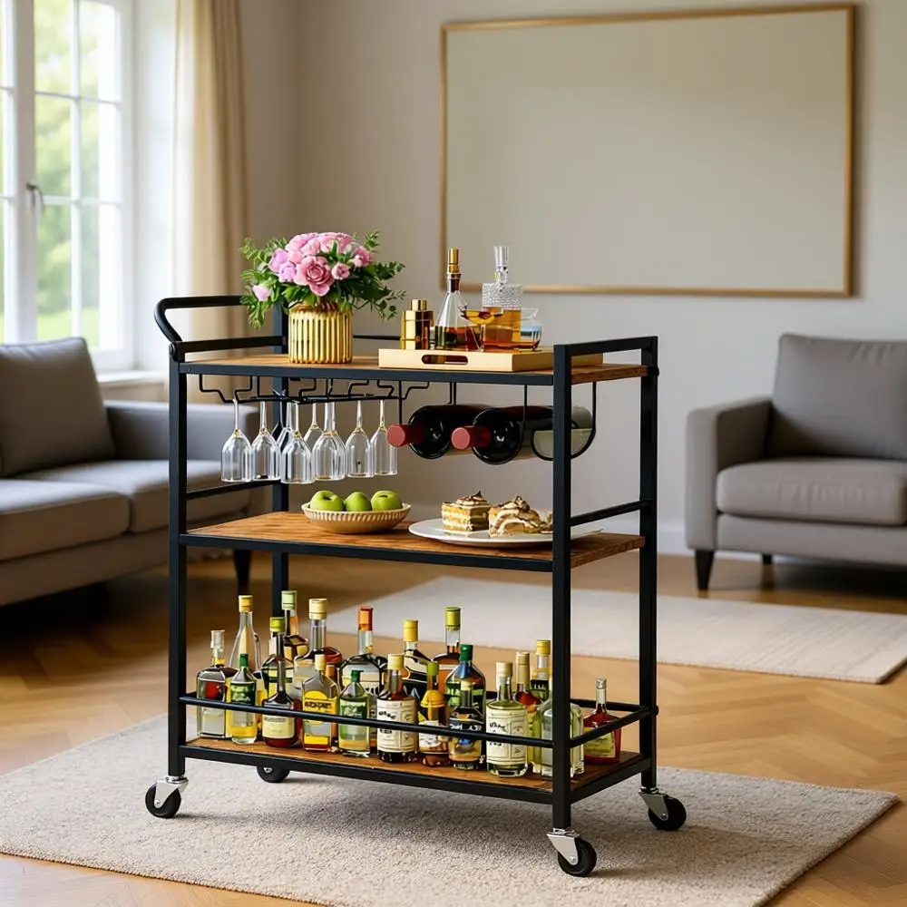 

3-Tier Rolling Serving Cart with Wine Rack and Glass Holder, Ideal for Kitchen, Outdoor, and Dining Rooms - Black
