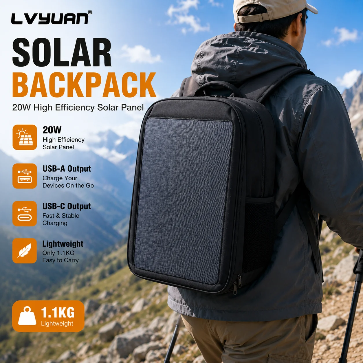 LVYUAN 20W Solar Backpack Portable Solar Charging Backpack USB Type-C Output Outdoor Hiking Camping Travel Laptop Backpack Water Resistant Large Capacity Daypack for Phone Tablet Power Bank Trekking Cycling Fishing
