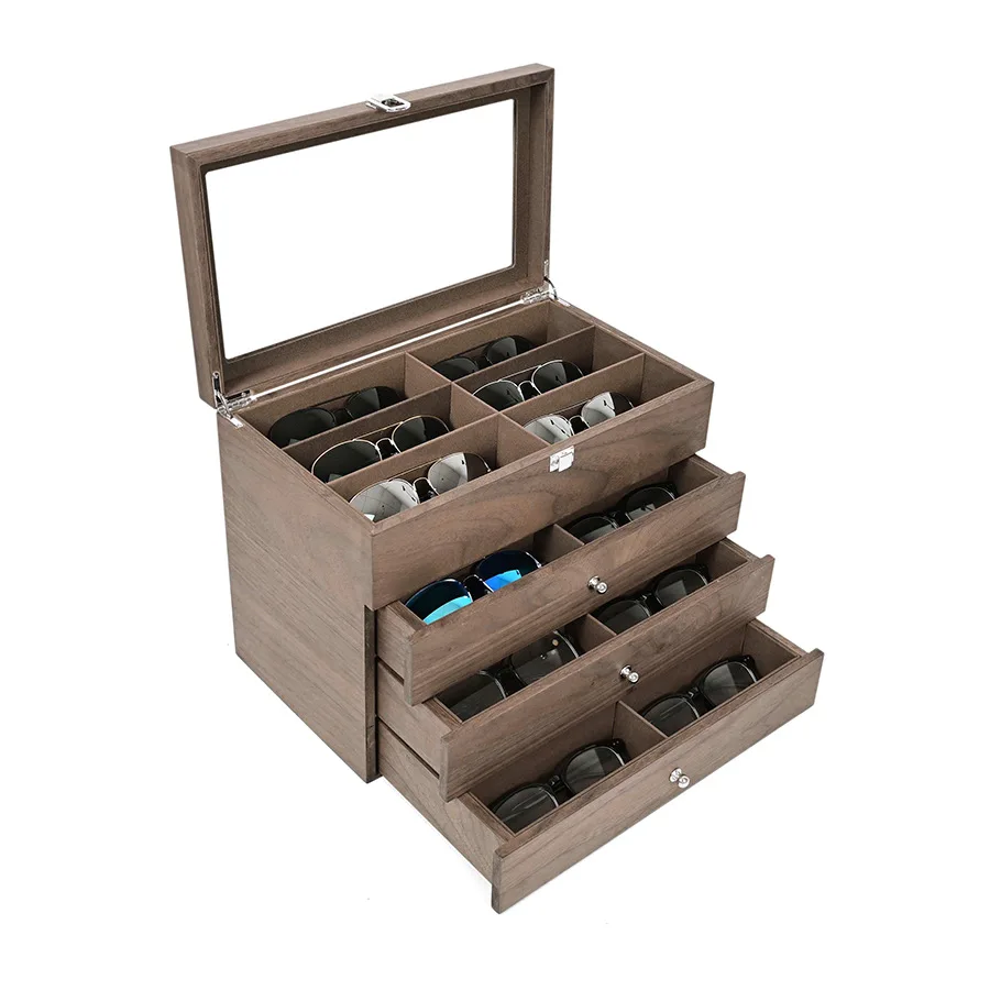 New Wooden 24 Slots Sunglasses Storage Box 4 Layers Eyeglasses Display Organizer with Clear Lid Eyewear Jewelry Storage Case