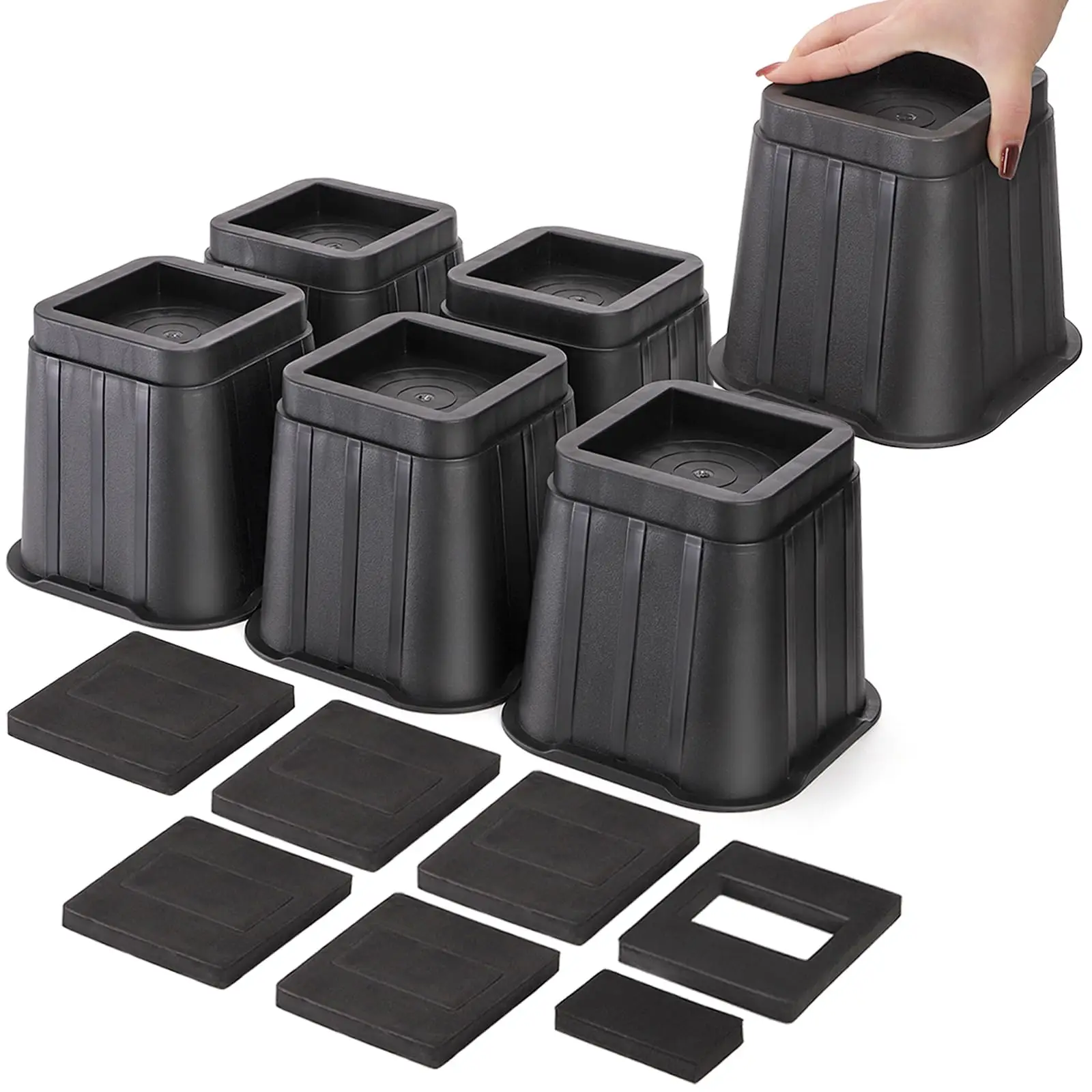

6 Pack 5 Inch Heavy Duty Furniture Risers Black Square Bed Leg Elevators Up To 3000 Lbs