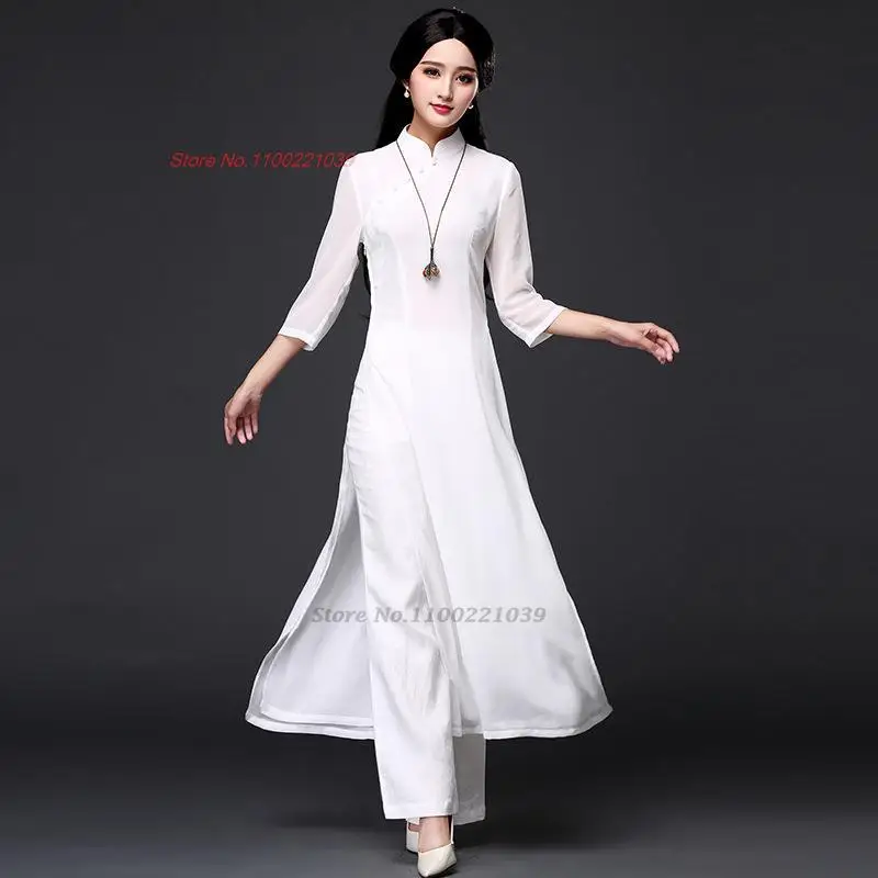 

2024 vintage folk style aodai dress+pants set vietnam chiffon aodai elegant ao dai dress oriental dress cheongsam qipao dress