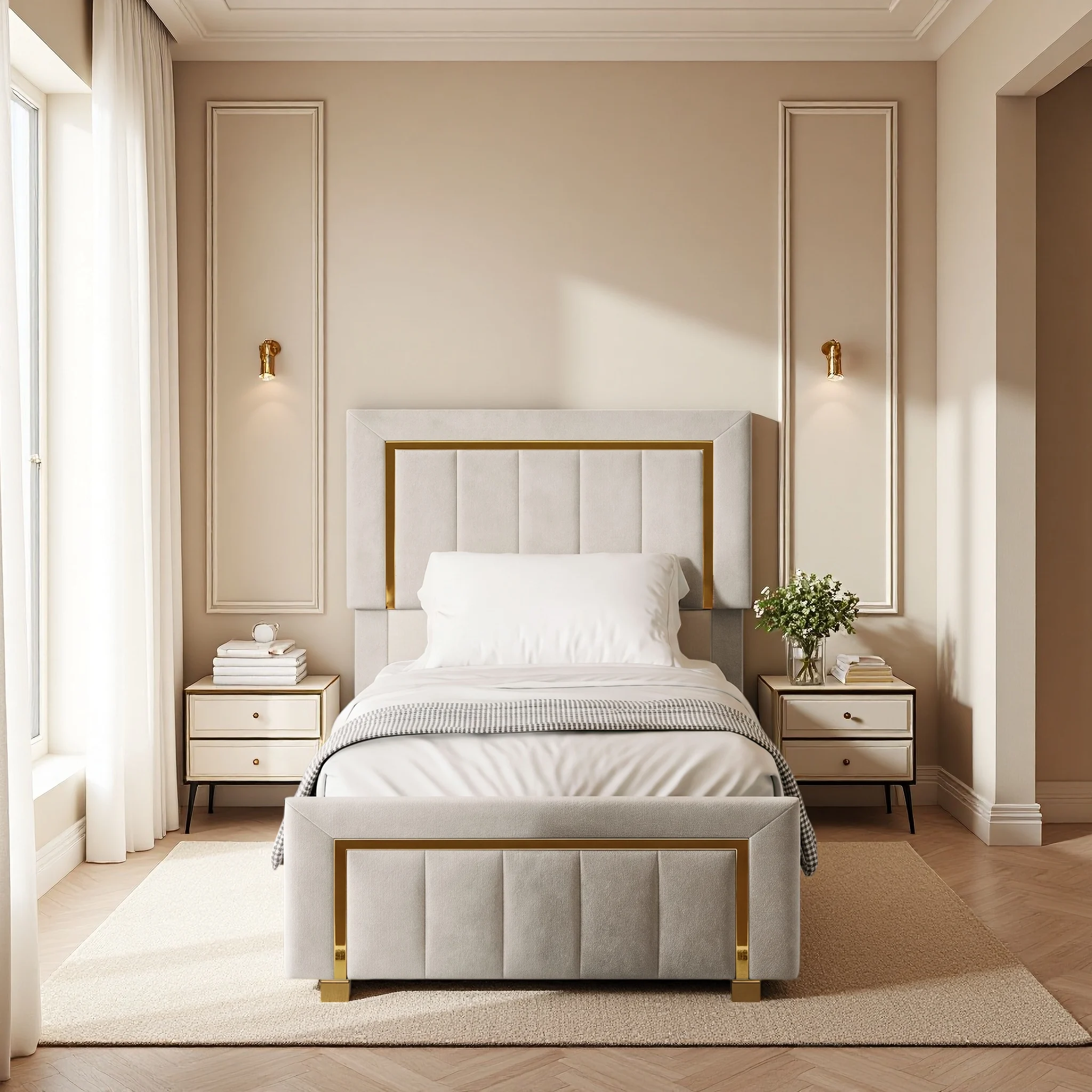 Letto con struttura a scomparsa idraulica Comanlai, dimensioni 90x200 cm, con rivestimento trapuntato a canale e finiture in metallo dorato, letto in velluto bianco per giovani, con base idraulica
