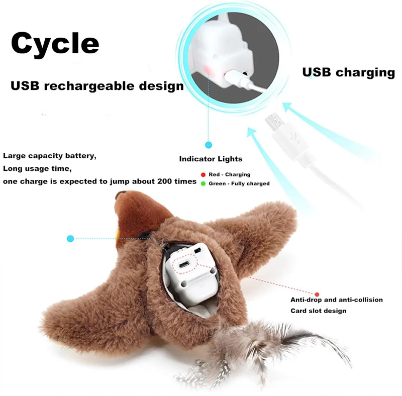 Interactive Cat Toys, Rechargeable Chirping Flapping Bird(no Flying) with Catnip for Indoor Cats, Touch Activated Plush Toys