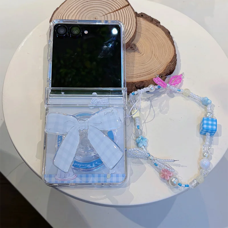 Z Flip 8 Cases Kawaii Clear Magnetic Bowknot Stand Flip Case For Samsung Z Flip 8 Galaxy Z Flip 7 6 5 Case With Cute Wrist Chain