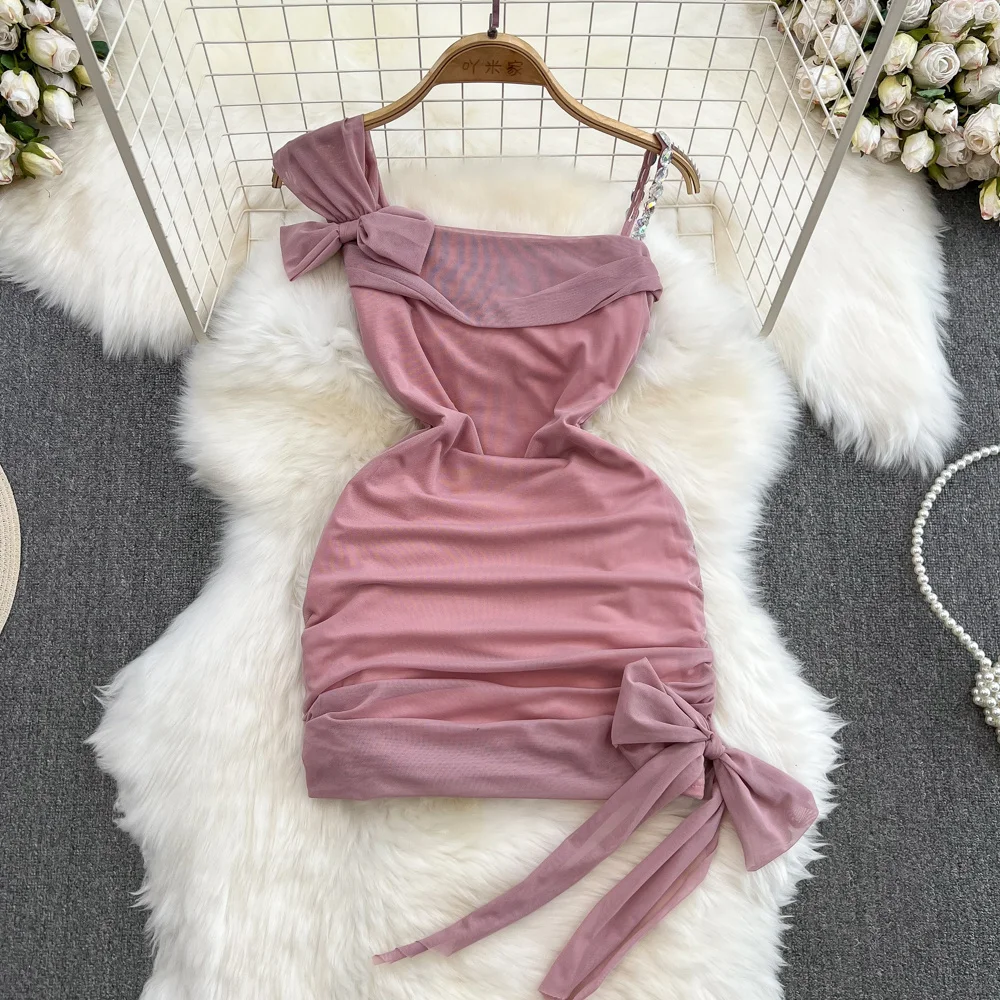 

Summer Women Mesh Bodycon Mini Dress 2023 Sexy Rhinestone Spaghetti Strap Bow Sleeveless Slim Stretch Folded Party Club Dress