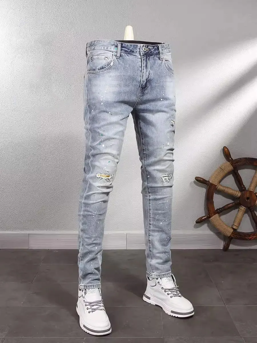 Street Fashion Men Jeans Retro Light Blue Stretch Elastic Slim Fit Ripped Jeans Men Patched Designer Vintage Denim Pants Hombre