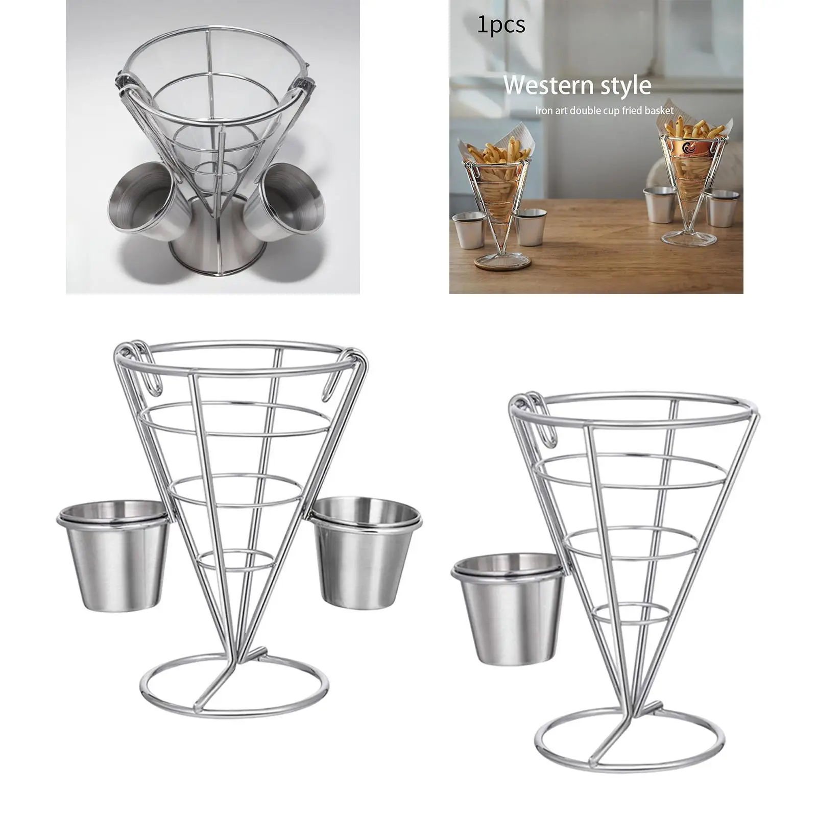 Iron Art French Fry Basket Cone Fried Snack Stand Table Decoration Oil Draining Holder for Home Hotel Camping