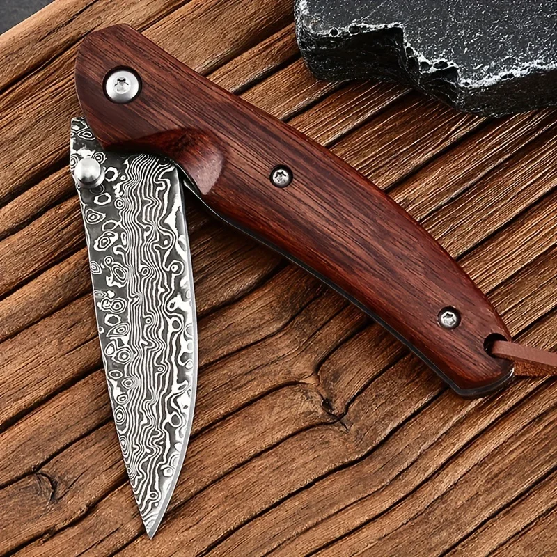 High Quality Damascus Steel Flipper Assisted Folding Pocket Knife Wood Handle Outdoor Camping Hunting Knives Tactical EDC Tool