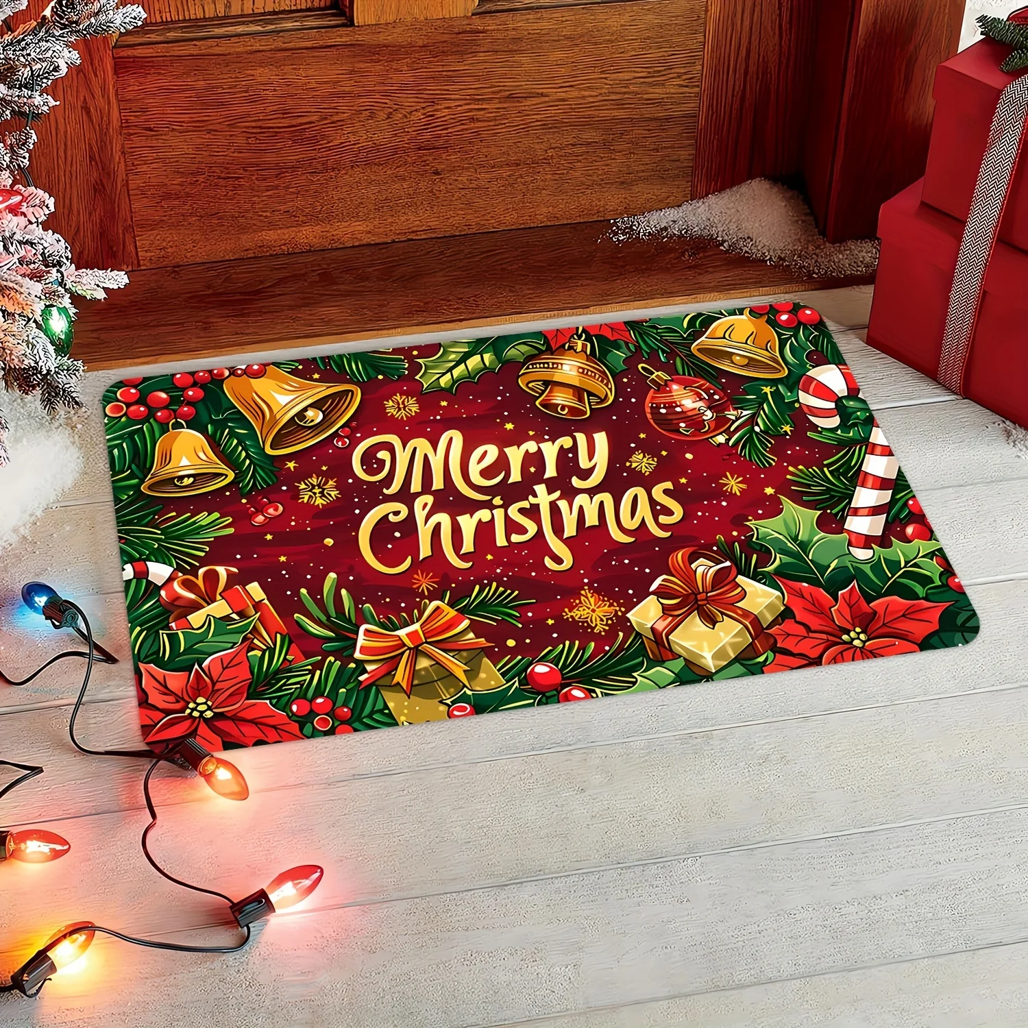 

Christmas Cheer Extra Large Doormat with Bells and Flowers - Indoor/Outdoor Welcome Mat for Home Decor, Farmhouse Style, Thick F