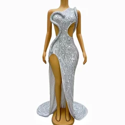 Sexy Stage Luxury Silver Sparkly Rhinestones Split Long Train Dress Wedding Evening Birthday Celebrate Sexy Big Tail Dress