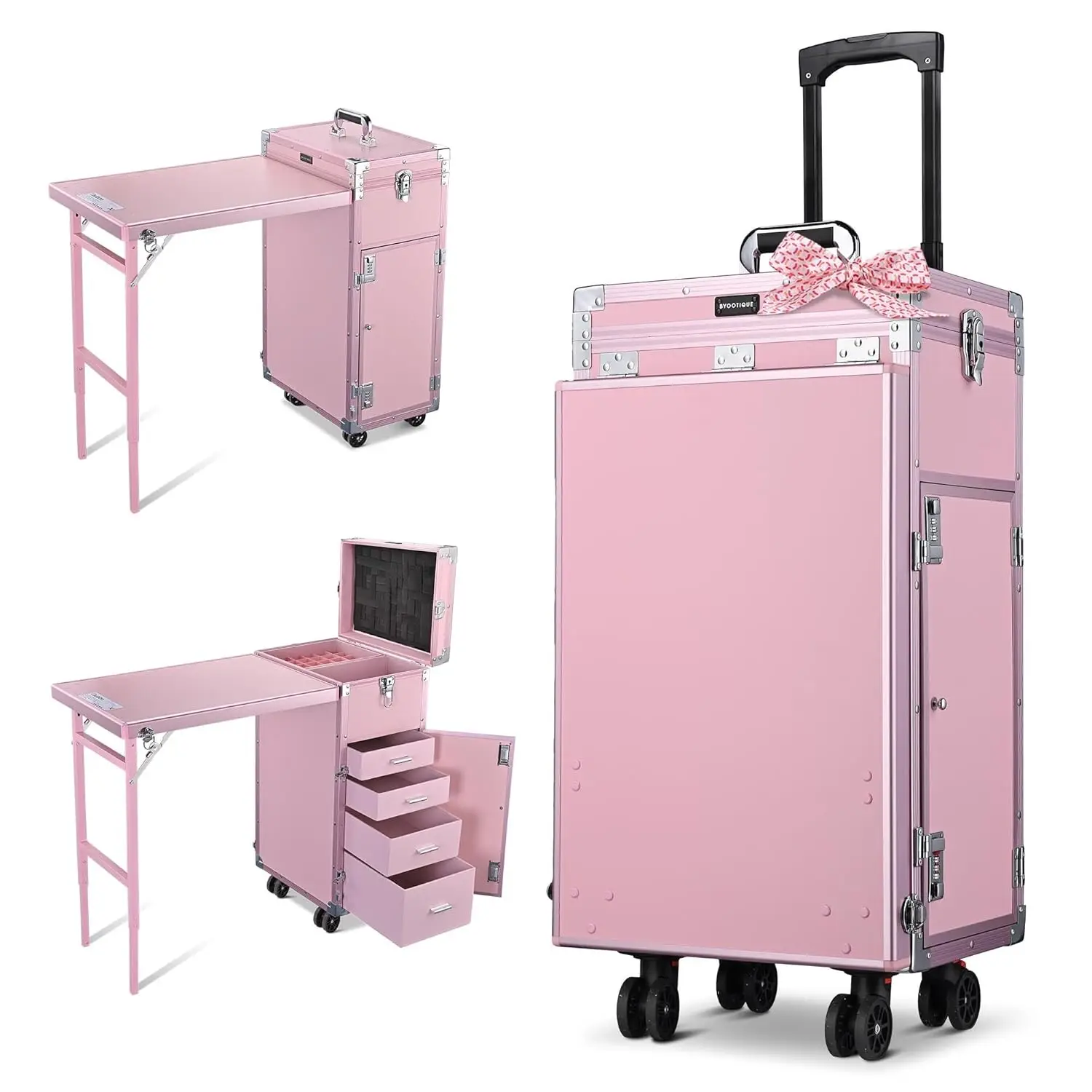 #Pink Rolling Manicure Table with Handle & 4 Drawers Foldable Large Capacity for Nail Tech, Customized