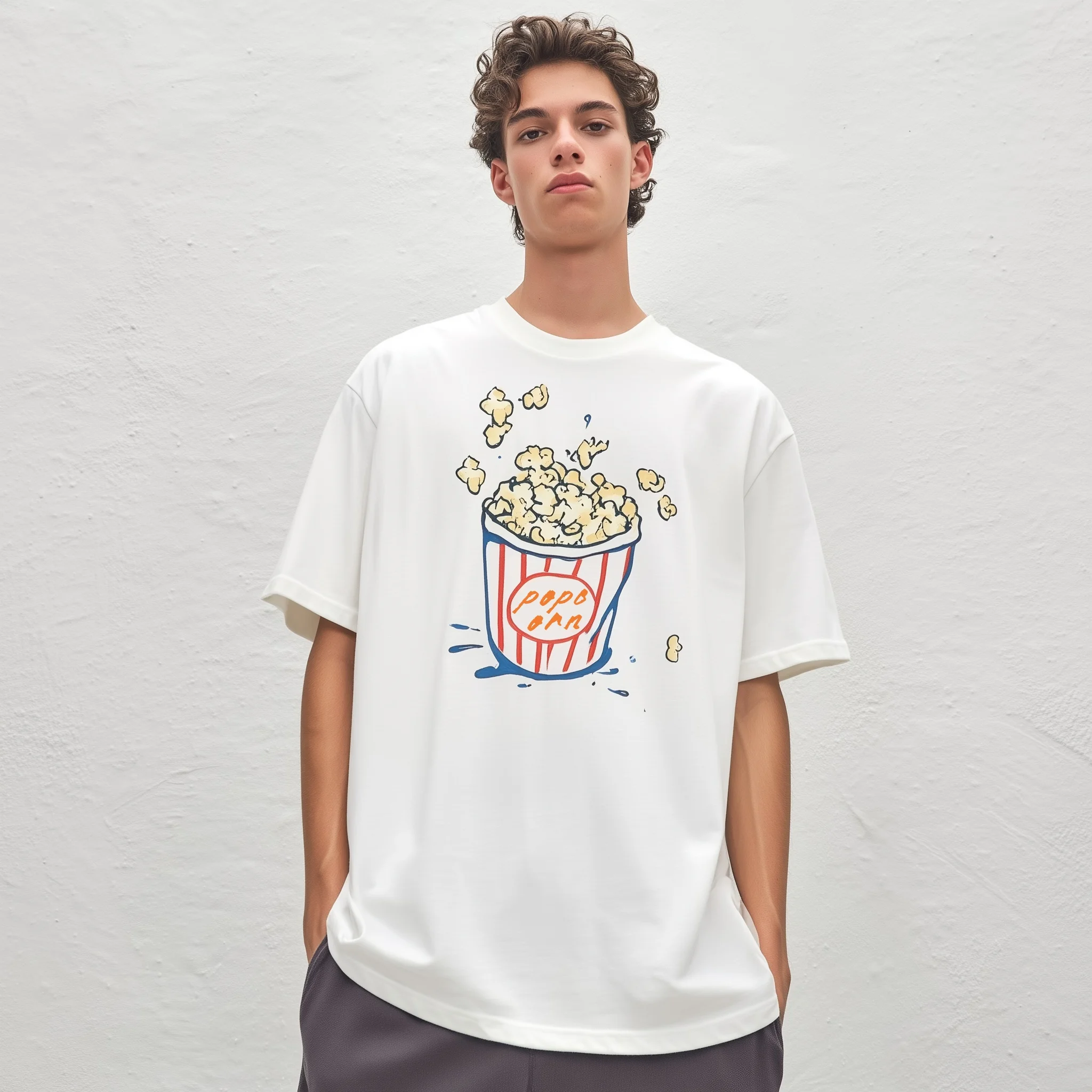 

Teevo Casual T-Shirt White Popcorn Bucket Print for Daily Wear