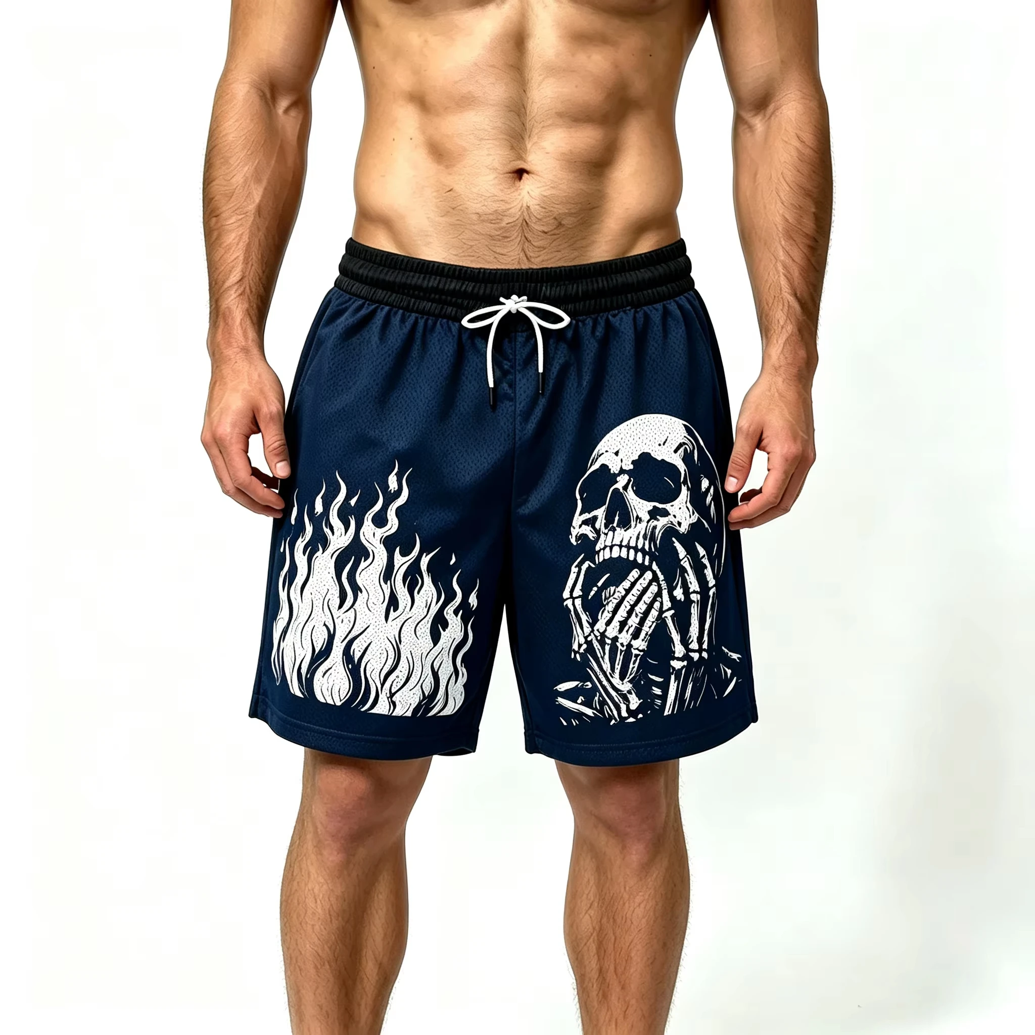 European and American Men Summer Flame Skull Print Comfortable Breathable Shorts Outdoor Leisure Trend Thin Vacation Shorts
