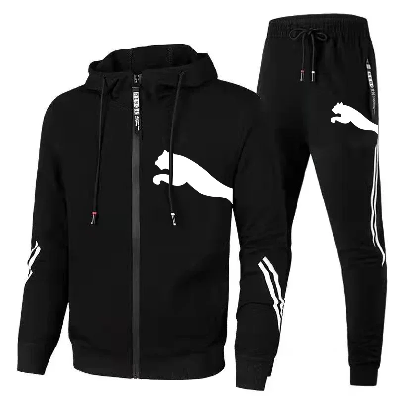 

2025 Men's zipper spring and autumn with hat fashion hoodie + trousers casual running 2-piece basketball fitness sportswear set