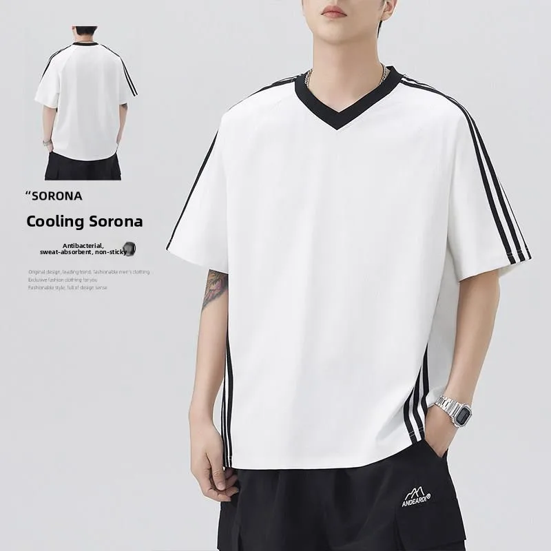 

Loose Fit Men's T-Shirt Ice Silk V-Neck Short Sleeve Elastic Youthful Summer Casual Fashion Shoulder Insert Design Stripe Pat...