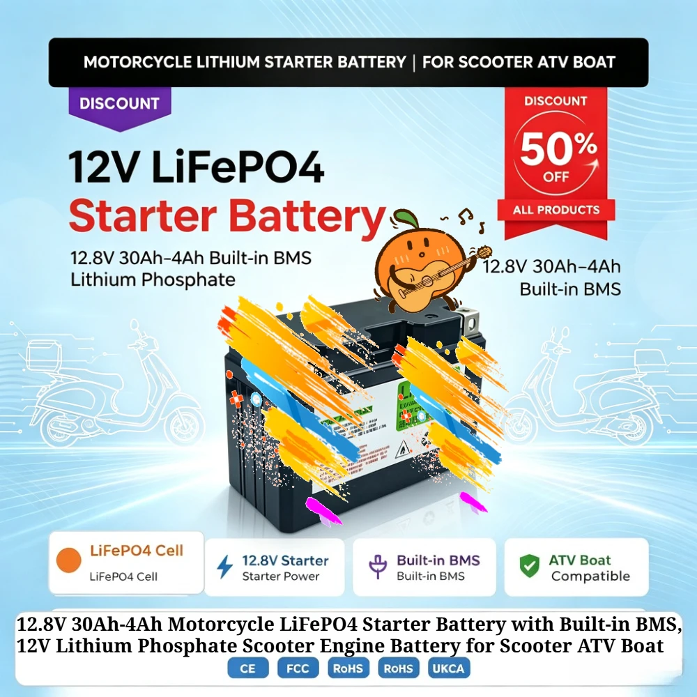 12.8V 30Ah-4Ah Motorcycle LiFePO4 Starter Battery with Built-in BMS 12V Lithium Phosphate Scooter Engine Battery for Scooter ATV