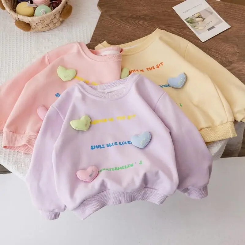 Children's Clothing Boys' And Girls' Tops Hoodie Cotton For Small Children Seasonal New 2024 Heart Print Korean Fashion Trendy