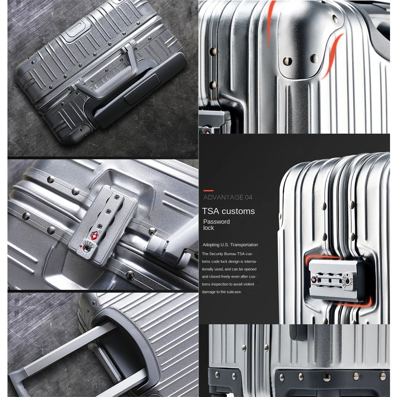 100% سبائك الألومنيوم والمغنيسيوم 20/24/26/29 بوصة حقيبة سفر حقيبة تروللي بعجلات المتداول الأمتعة حمل على الأمتعة المقصورة حقيبة