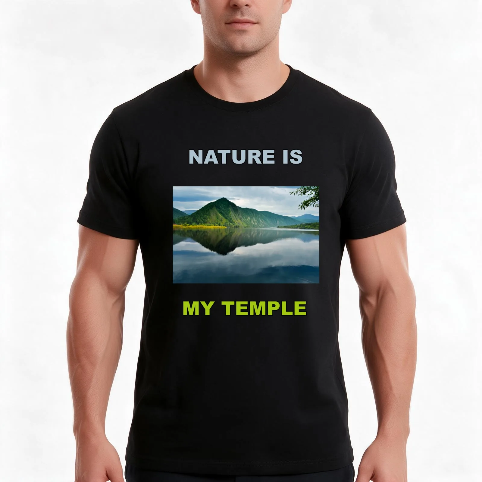 Nature Is My Temple - Evening Mountain Lake T-Shirt, Summer Casual Cotton Tee, Oversized Streetwear Tops, Vintage Graphic Print