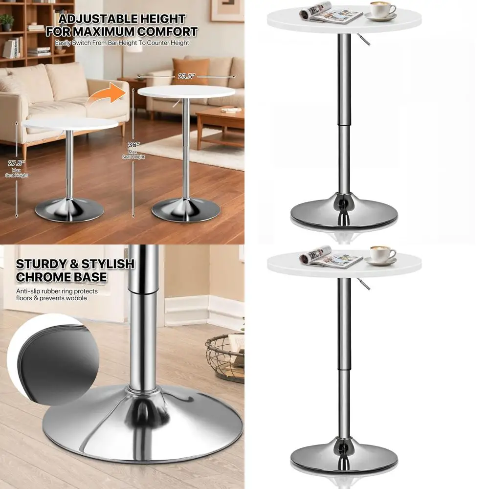 

Round Adjustable Height Swivel Bar Table, 27.5-36, 360° Rotation, White Pub Dining Table