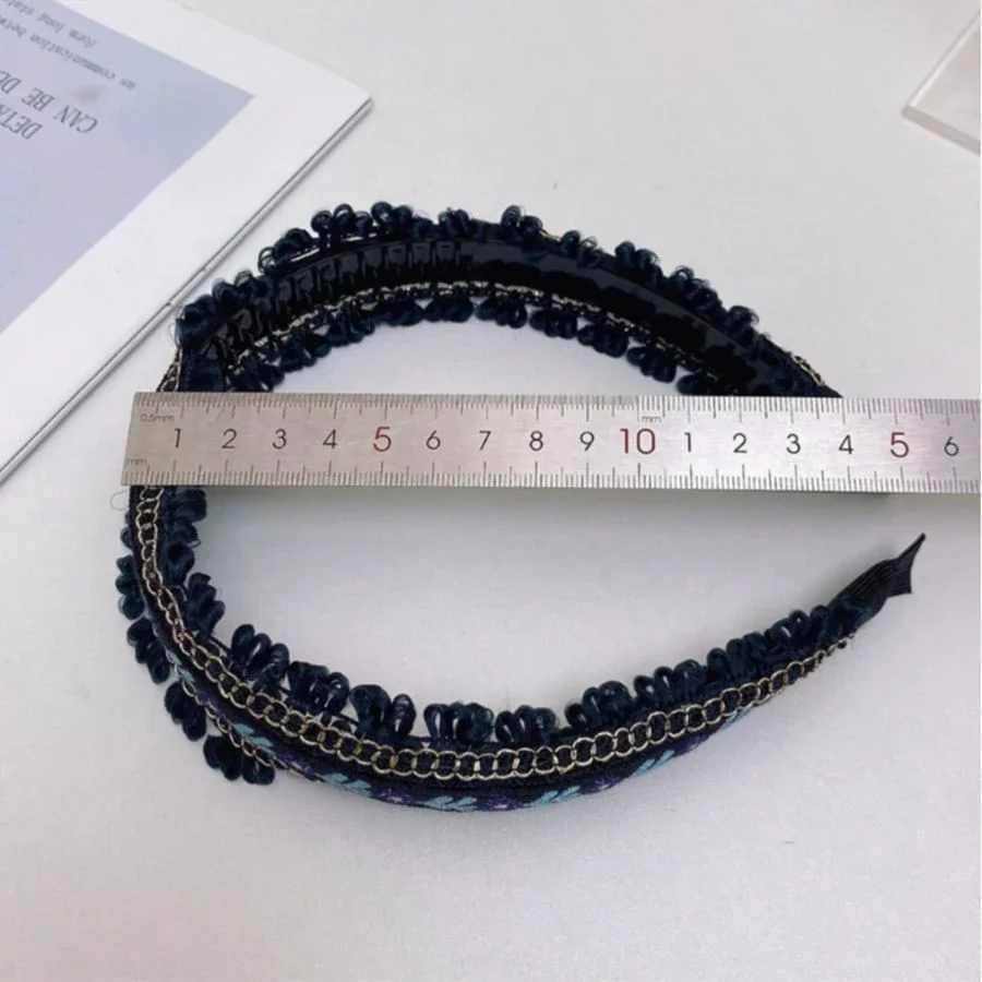 

Boho Floral Embroidered Headband For Women With Chain And Tassels