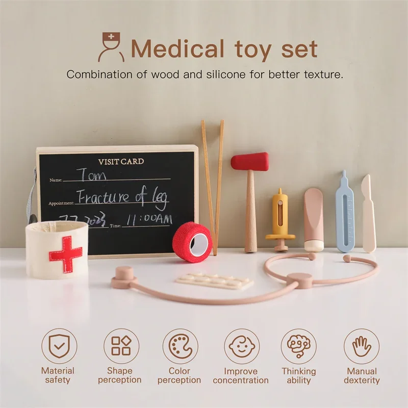 Baby Arts Simulatie Speelgoedset Siliconen/Houten Medisch Simulatie Speelgoed Baby Educatieve Spelletjes Voor Intelligentie Kindercadeaus