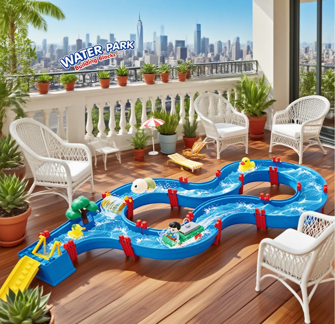 Conjunto de brinquedos para parque aquático infantil, 62 peças, presente de verão, corrediça de água dobrável diy, barco de desenho animado e acessórios de personagens, interação familiar/banheiro de piscina de praia