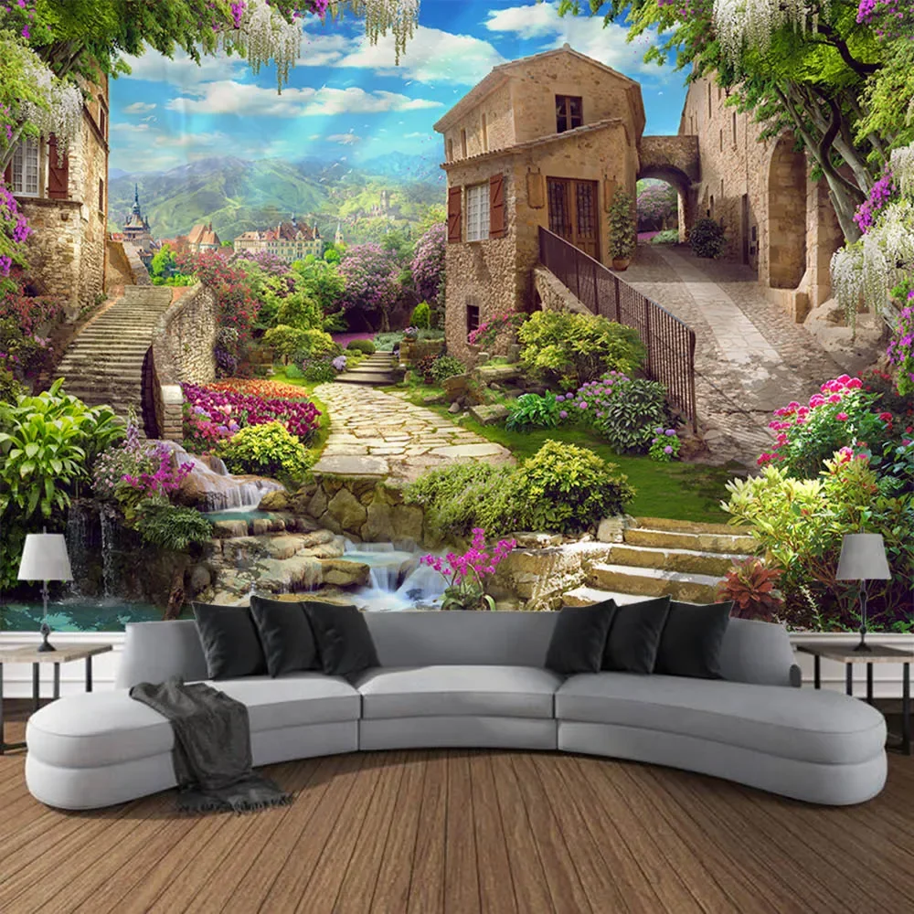Beautiful Garden Landscape, Tapestry, Home Art Decoration Wall Mounted Fairy Tale Posters Fantasy Sea View Room Background Cloth