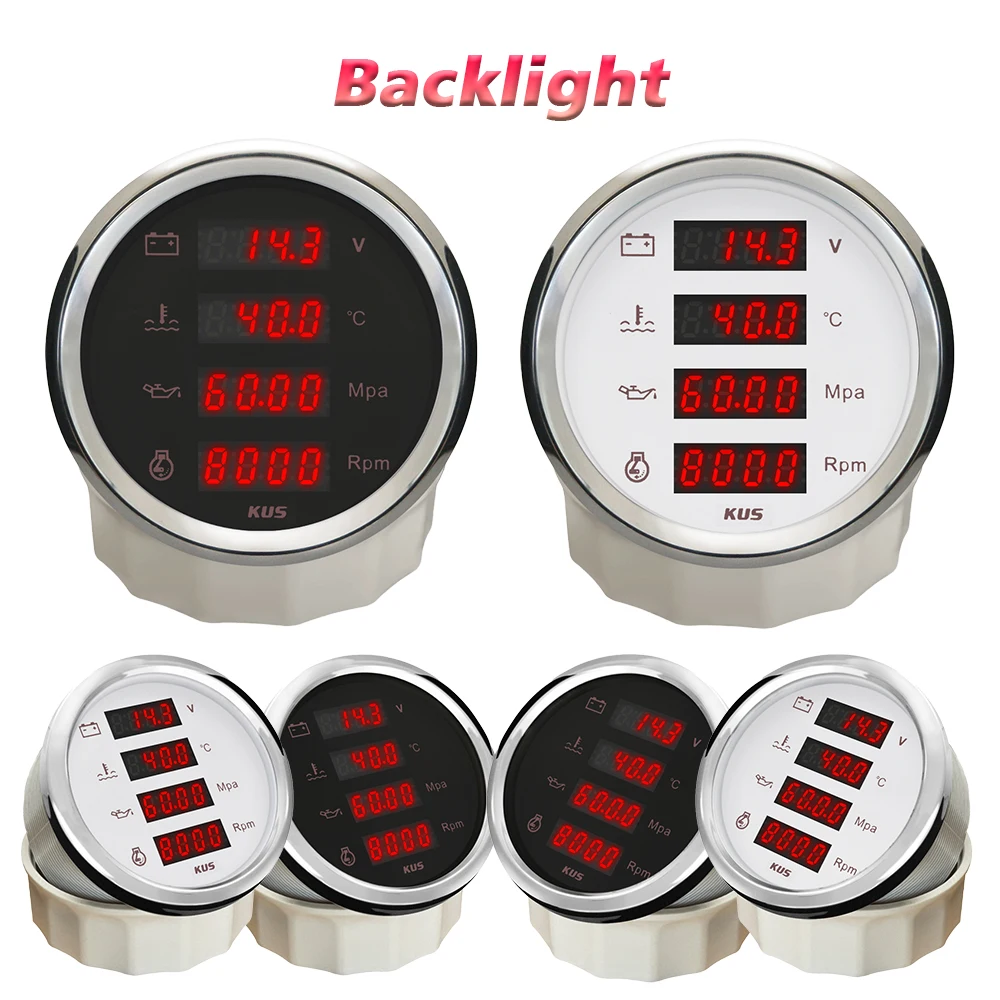 

KUS 85mm Digital 4 in1 Multifunction Gauge Tachometer Voltmeter Water Temperature Oil Pressure with Red Backlight for Car Trucks
