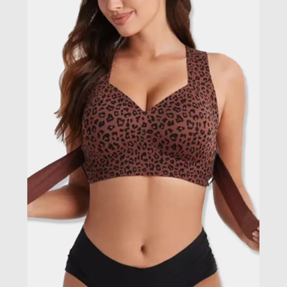 Leopard Print Posture Corrector Sports Bra for Women Front Adjustable Support Strap Racerback Wirefree Workout Bra Shaping Body