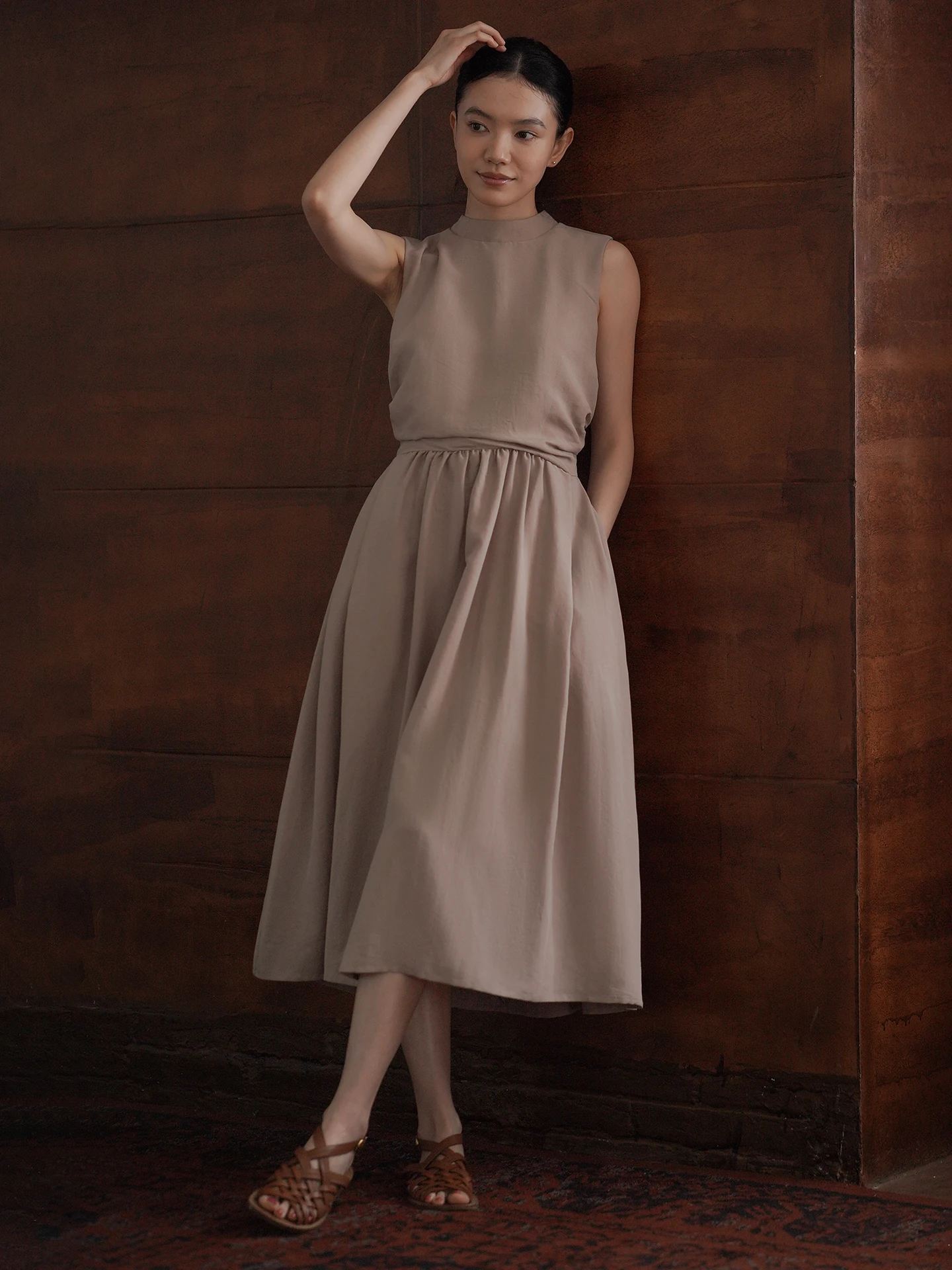 Hacikis Miss Long Hybrid Dress Breathable Cotton Linen Sleeveless Waist Cinched Slimming Commute A-Line Dress Half High Collar