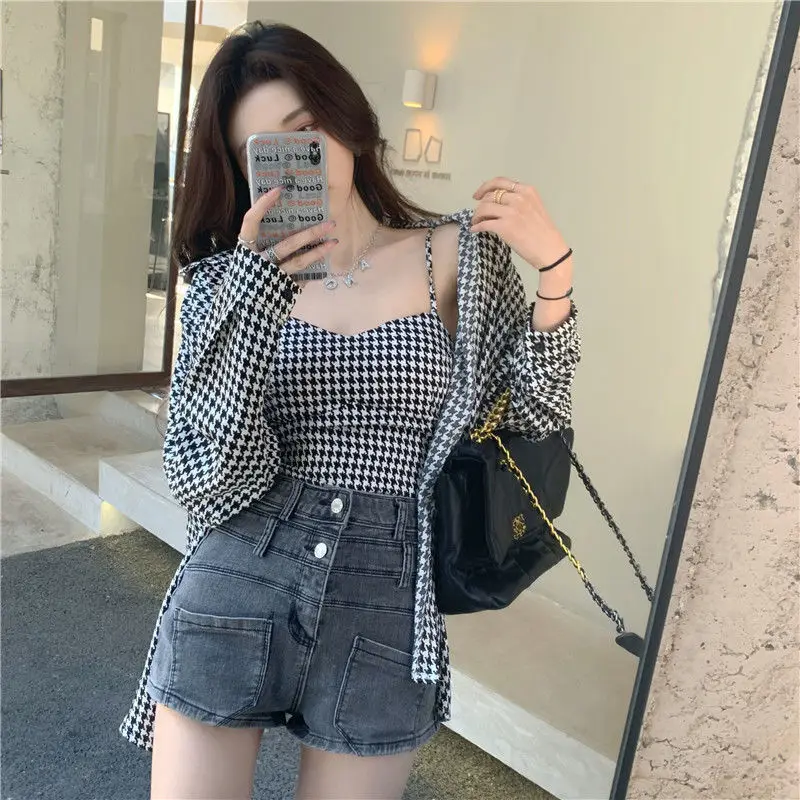 Sets Women 2 Pieces All-match Plaid Long Sleeve Shirts Cropped Camisole Sexy Sun-proof Ulzzang New Fashion Classy Ins Female Y2k