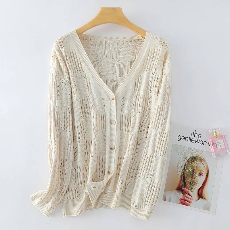 Cardigan in maglia di cotone 100% 2024 primavera/autunno nuovo maglione con scollo a v moda coreana cappotto grande manica lunga giacca cava top