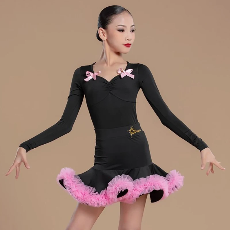 Vêtements de danse latine pour enfants filles, body à manches longues et grandes jupes en mousseline de soie, vêtements de danse pour spectacle sur scène, Costume Chacha Rumba