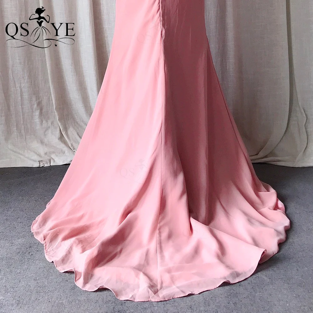 Effen Roze Avondjurken Elegante Chiffon Zeemeermin Lange Prom Jurk Court Trein Schouderbanden Backless Eenvoudige Blush Party Jurk