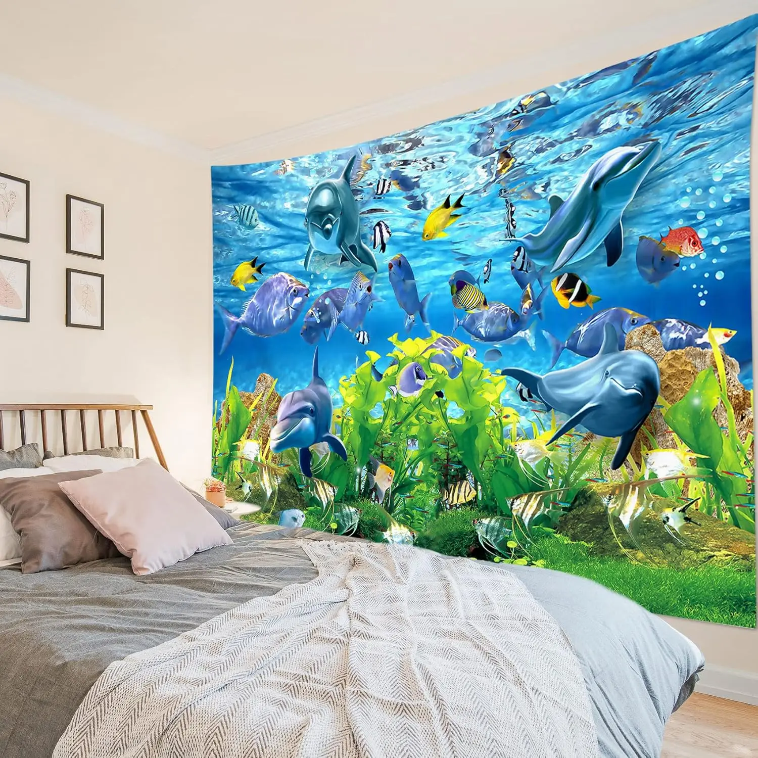 نسيج دولفين الأسماك الاستوائية والشعاب المرجانية في المحيط الأزرق جدار الفن الصيف طبيعة البحر المناظر الطبيعية نسيج الجدار الشنق ل