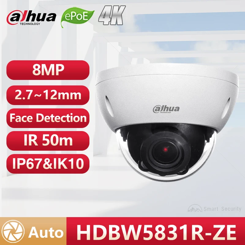 Dahua 8MP Dome Camera 2.7~12mm Motorized Lens 4K Outdoor Face Detection Camera Night Vision 50m IP67 IK10 ePOE IPC HDBW5831R-ZE