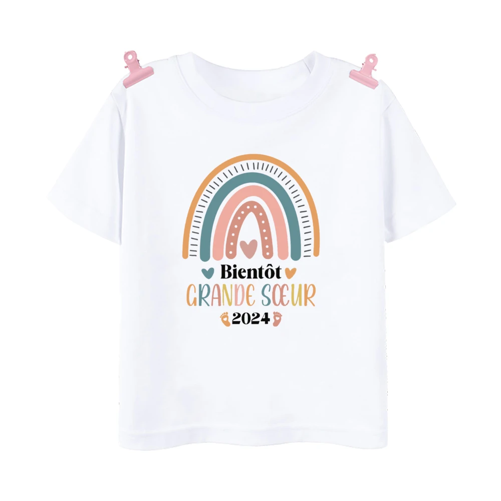 I Will Become A Big Sister Rainbow Print Kids Shirt Baby Announcement T-shirt Friend Printed Girls Tops Child Short Sleeve Tee