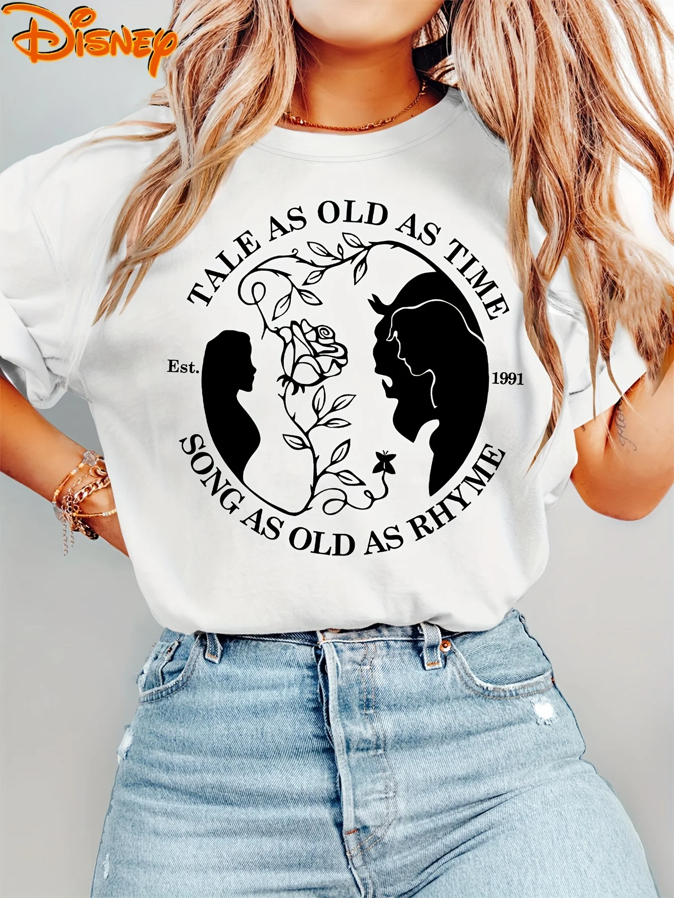 Camiseta de La Bella y La Bestia de Disney para mujer, Camiseta de algodón para hombre, cuello redondo, informal, de gran tamaño, ropa de calle de manga corta, Top Vintage