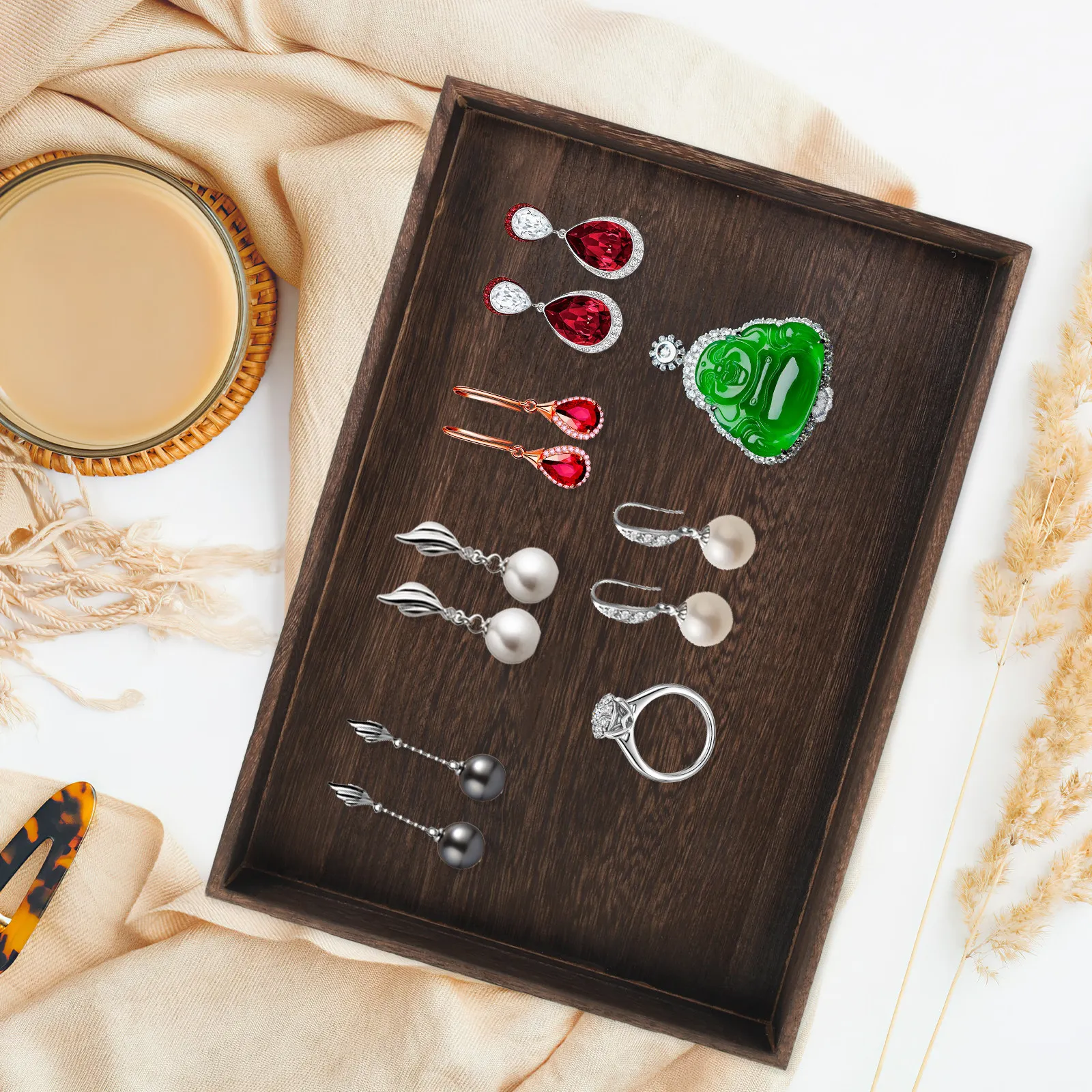 

Деревянный поднос для украшений: для колец, ожерелий, серег. Декоративный органайзер для хранения на рабочем столе, туалетном столике, прикроватной тумбочке, в ванной комнате, на раковине, для дома.