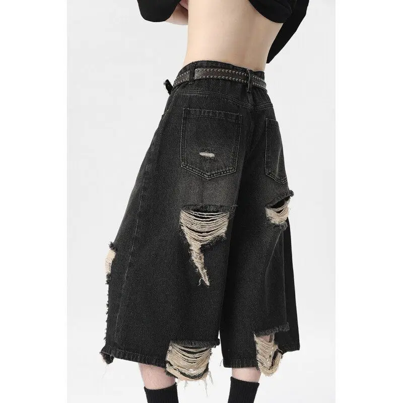 Calças Jeans Cropped Vintage Femininas Y2K, Moda de Verão, Marca de Moda de Rua, Shorts de Perna Larga, Calças Lavadas Cleanfit