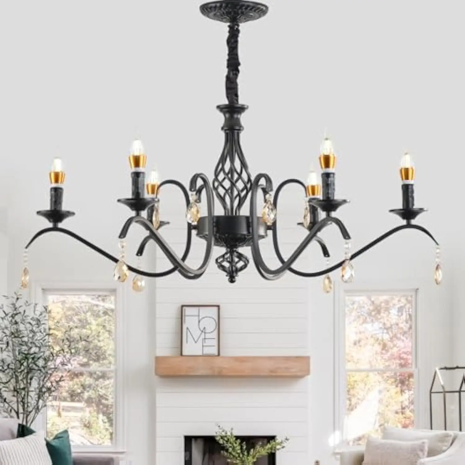 

Black Chandelier with 6 Lamp Heads, Living Room, Bedroom, Dining Room, Farmhouse, Countryside Pendant Light Matte Black E12 Soc