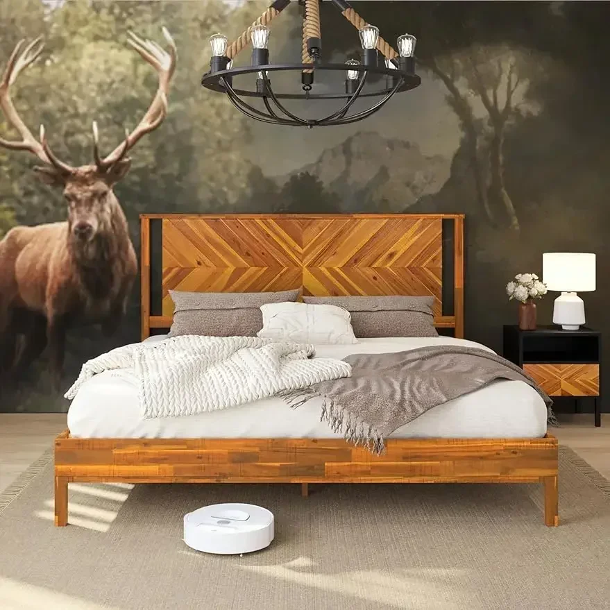 Bme Vivian-Deluxe Bed Frame with Headboard, Rustic and Scandinavian , 1 King,  Golden Brown, 14 in