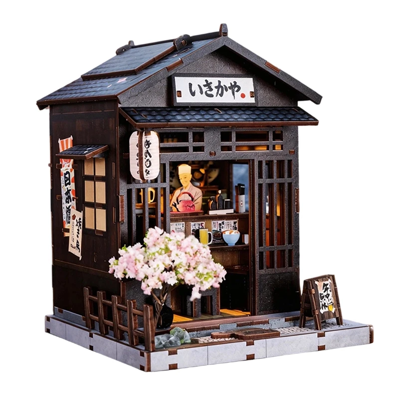 

DIY Wooden Miniature Model Kits Japanese Tavern Casa 3D Puzzle Dollhouse With Furniture Lights for Friends Birthday Gifts