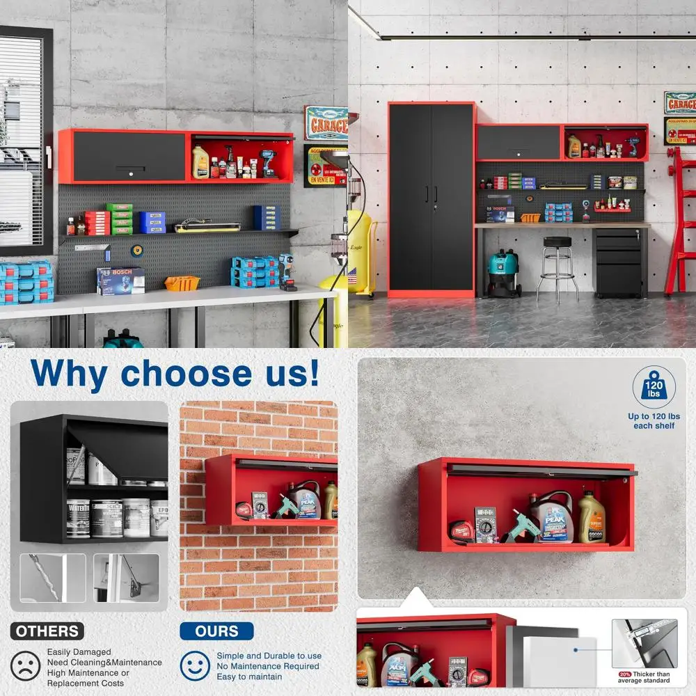 

Black & Red Wall-Mounted Locking Metal Storage Cabinet for Garage, Warehouse, and Home Office - Assembly Required