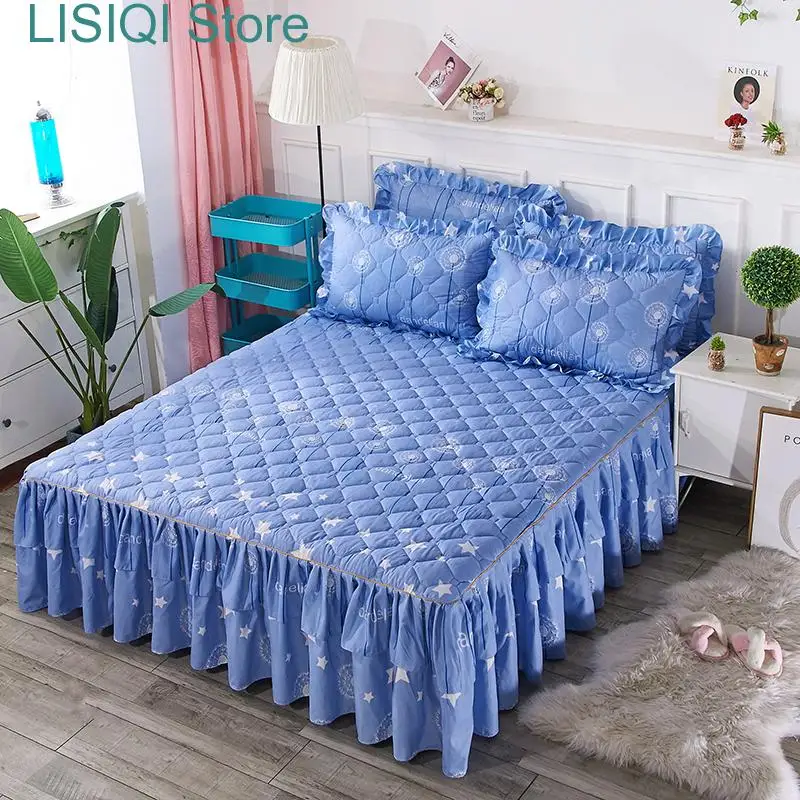 

Quilted Bed Skirt Set 2 People Bedspreads Linen Mattress Covers Protector Elastic King Size Bedding Mattresses Pillowcases 3pcs