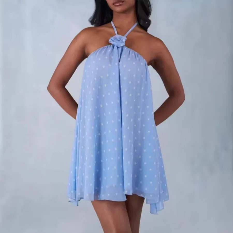 

【New style】2026 new summer women's sexy hot girl open back hanging neck lotus leaf edge flower wave point dress