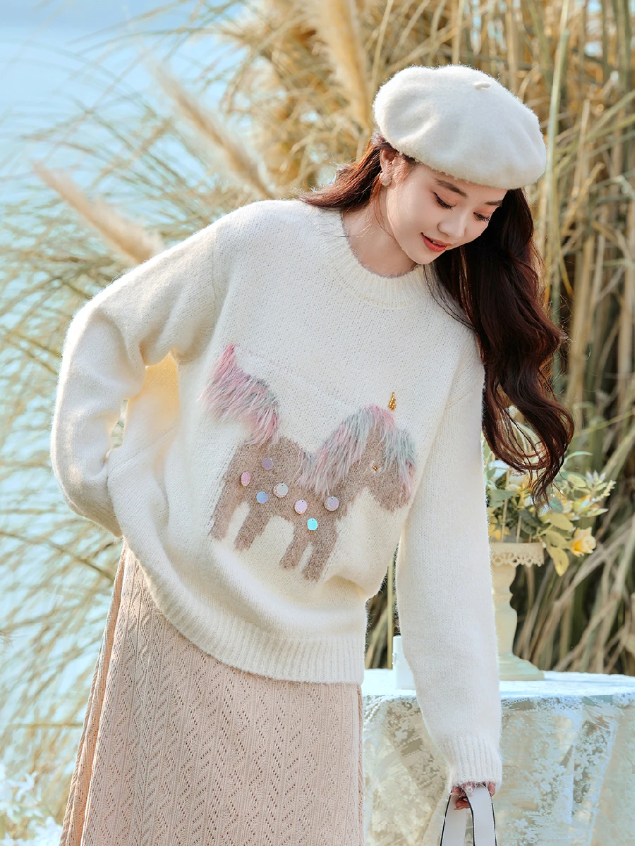 

Круглый пуловер с вышивкой Sweet Sle Ne, мягкий уютный женский вязаный свитер, осень-зима, Новое поступление, повседневная уличная одежда