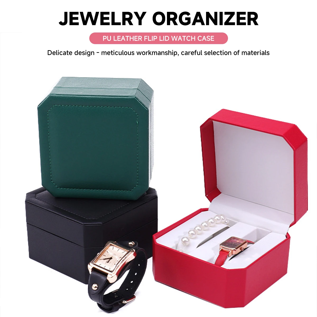 Einzelne Uhren-Geschenkbox mit Kissen, PU-Leder, Armbanduhr-Vitrine, Organizer für Herren
